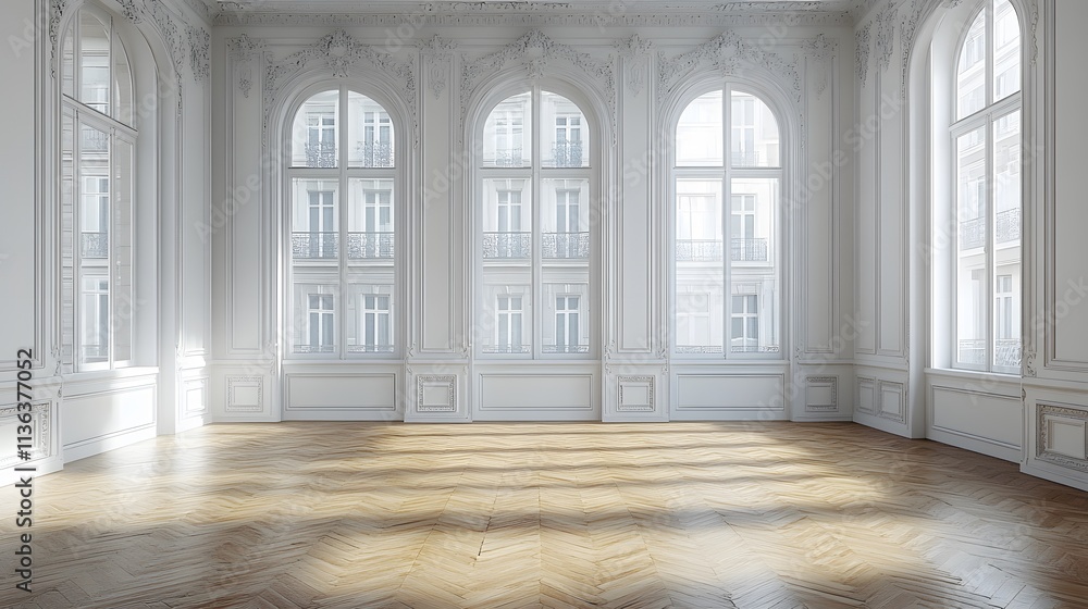 Fototapeta premium Spacious empty bedroom with blank white walls, polished wooden floors, and large windows letting in soft natural light, wide angle