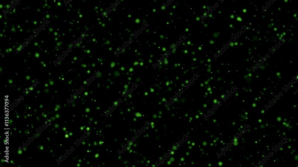 Animation loop green bokeh particles flow on black abstract background. Animation of fiery green glowing flying ember burning ash particles. Animation loop green bokeh particles flow on black abstract background. Animation of fiery green glowing flying ember burning ash particles.