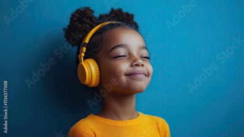 With headphones, a young girl is contentedly listening to music against a vivid blue backdrop. 