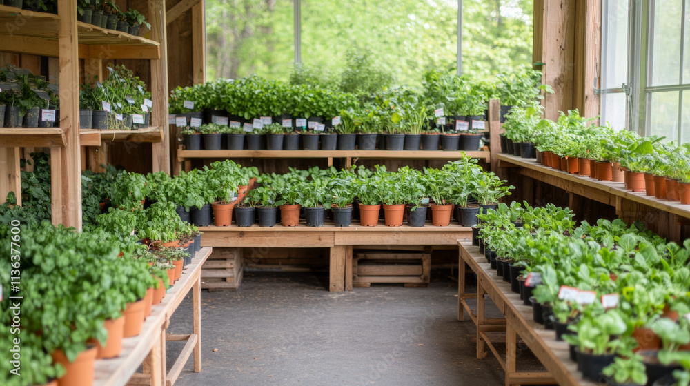 A vibrant greenhouse filled with various potted plants, showcasing lush greenery and organized shelves. atmosphere is refreshing and inviting, perfect for plant enthusiasts A vibrant greenhouse filled with various potted plants, showcasing lush greenery and organized shelves. atmosphere is refreshing and inviting, perfect for plant enthusiasts