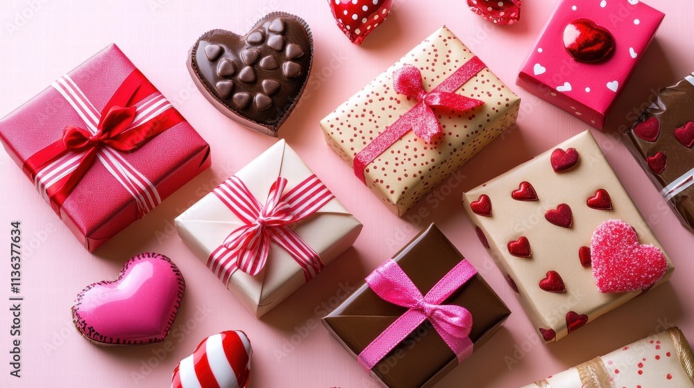 Valentine's Day Gifts and Chocolates on Pink Background Valentine's Day Gifts and Chocolates on Pink Background
