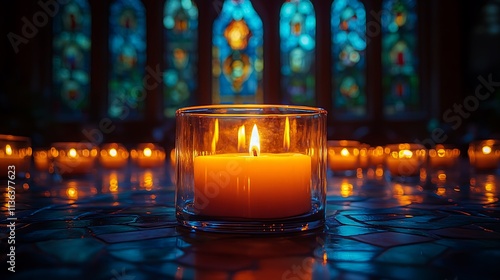 A single candle burns brightly amongst many others before stained glass photo