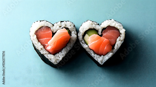 Heart-Shaped Salmon Sushi for Valentines. Valentines Day celebration or a romantic dinner.
A valentine's day special dish for dinner. Set of rolls for restaurant menu on blue background.AI generation