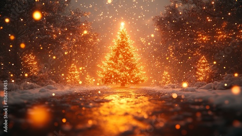 Christmas background with tree, warm yellow light, and cozy outdoor atmosphere