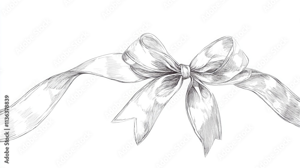 Naklejka premium Minimalist gift ribbon line art with continuous sketch design, ideal for invitations or greeting cards, set against a smooth white surface.
