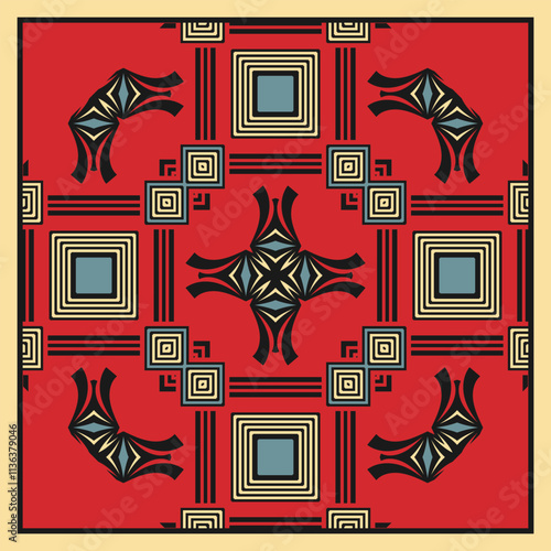 Geometric retro ornament with oriental motifs in a restrained color palette. Vector illustration