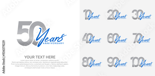 Anniversary logo set vector design, silver and blue color for celebration event