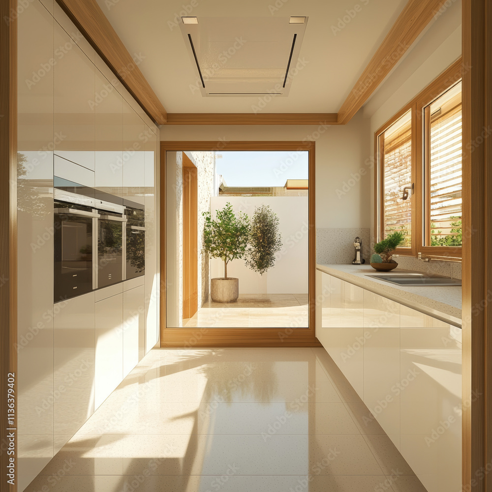 Fototapeta premium A modern kitchen interior featuring sleek cabinetry, large windows, and natural light. design emphasizes minimalism and elegance, creating warm and inviting atmosphere