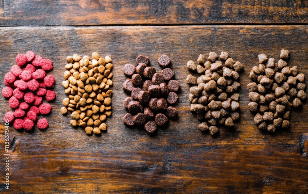 A clean flat lay of different dog dry food arranged neatly on a wooden table A clean flat lay of different dog dry food arranged neatly on a wooden table
