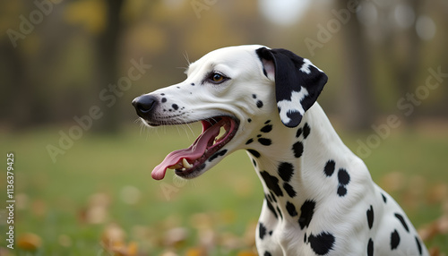 Dalmation dog yawning with a relaxed expression in a sunny park during autumn