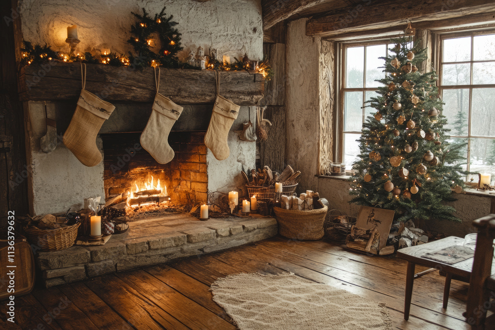 Fototapeta premium A cozy holiday scene featuring rustic fireplace adorned with stockings, glowing fire, and beautifully decorated Christmas tree. warm ambiance invites feelings of joy and nostalgia