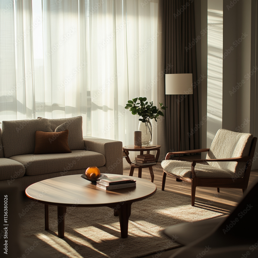 Fototapeta premium A cozy living room bathed in soft sunlight, featuring comfortable sofa, stylish armchair, and round coffee table. warm ambiance invites relaxation and tranquility