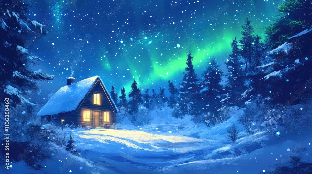 Naklejka premium The green northern lights glow in the blue sky above a cozy cottage in a snowy Lapland forest.