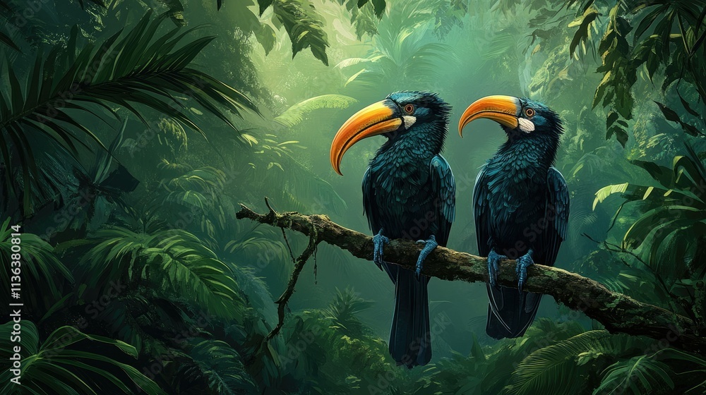 Obraz premium Two majestic hornbills perched on a branch, surrounded by the dense green foliage of a tropical forest.