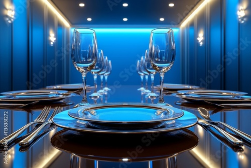 A hyper-realistic shot of an elegantly set dining table with polished cutlery and sparkling glassware, ready for a formal meal photo