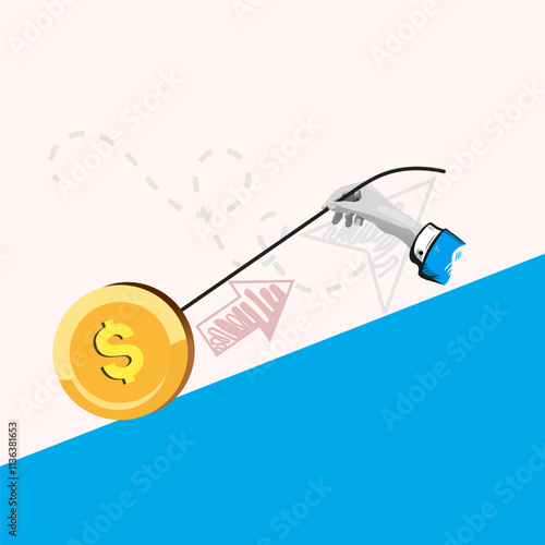 Hard work concept. Businessman Hand pulls a dollar coin up. Working hard for money. Financial problem. Collage Art Vector illustration