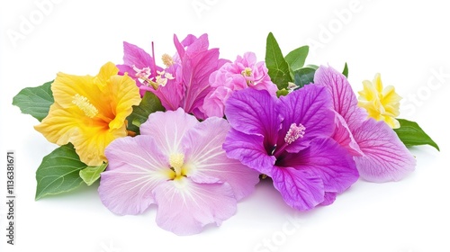 Vibrant Collection of Colorful Hibiscus Flowers with Green Leaves