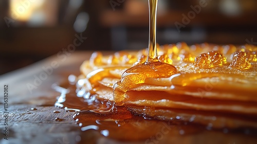 Golden Honey Drizzling Over Stacked Pancakes photo