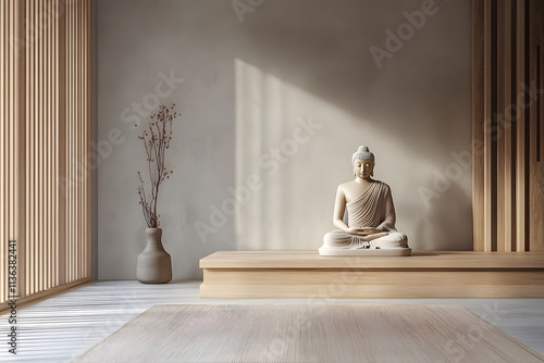 Peaceful Monk Quarters with Minimalist Design and Buddha Statue photo