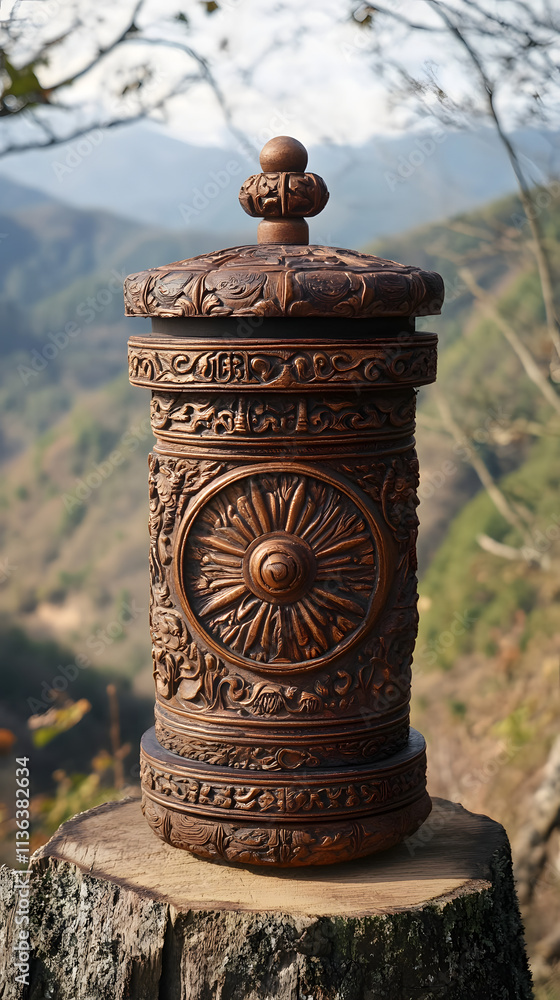 Tibetan Prayer Wheel Amidst Mountains with Detailed Carvings Tibetan Prayer Wheel Amidst Mountains with Detailed Carvings