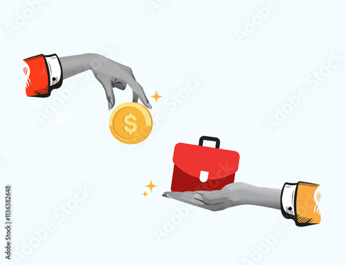 Offering money to secure a job or position. Two businessman hands, one holding a coin and the other a briefcase. Collage Art Vector illustration