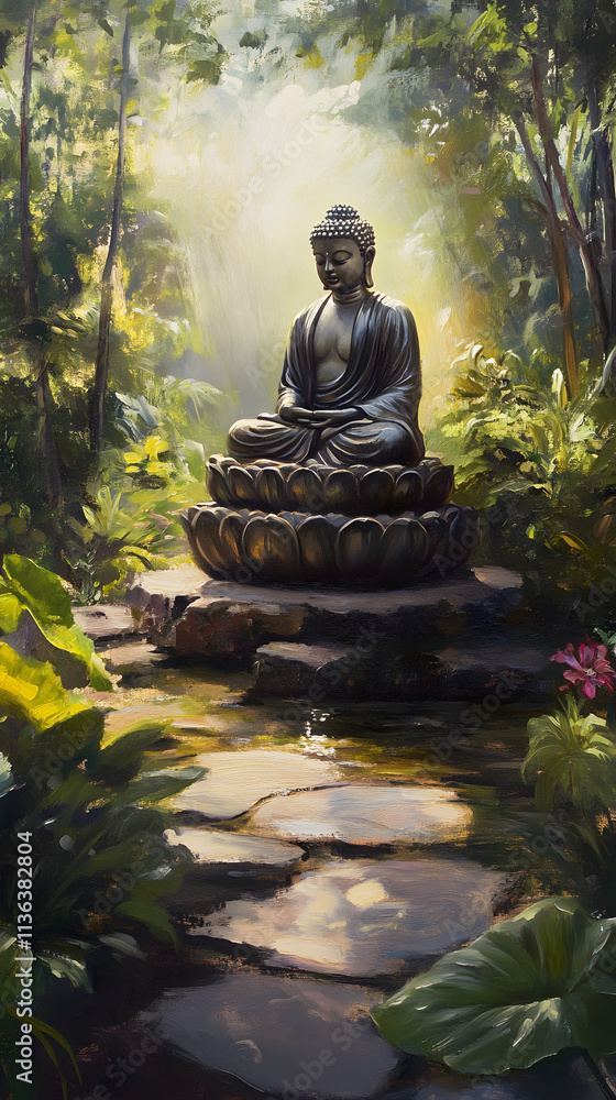Serene Garden with Buddha Statue in Soft Morning Light Serene Garden with Buddha Statue in Soft Morning Light