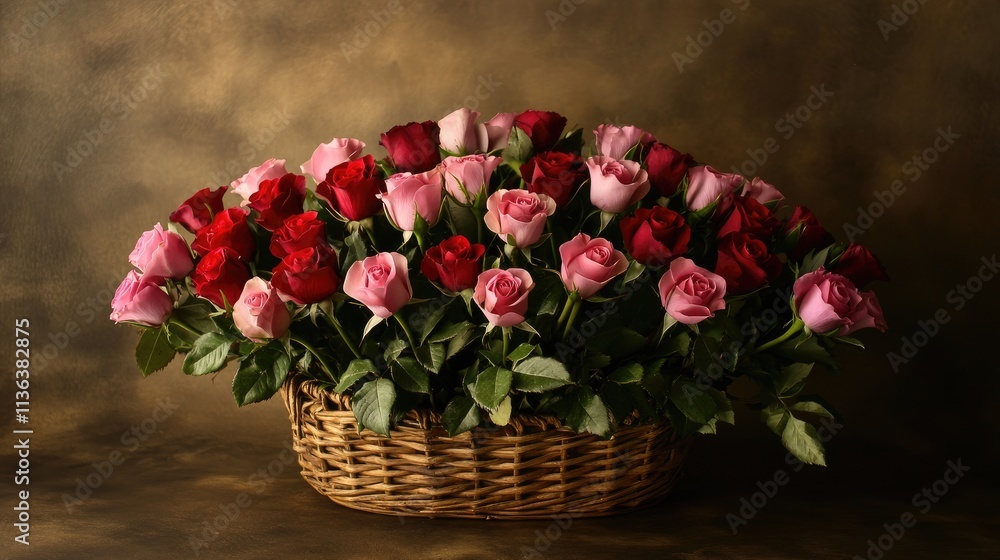 Vibrant Arrangement of Red and Pink Roses in a Round Basket Vibrant Arrangement of Red and Pink Roses in a Round Basket