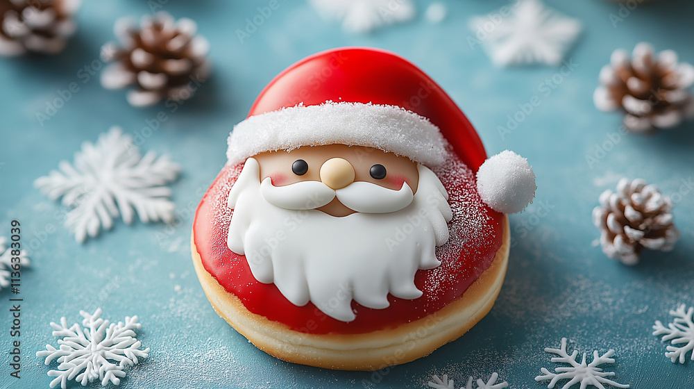 Fototapeta premium Donut decorated to look like Santa’s face, with red icing for the hat and white frosting for the beard