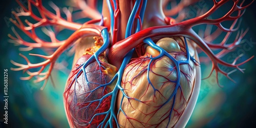 Tilt-shift stylized 3D medical visualization showcases a heart and abdominal aorta using Maximum Intensity Projection rendering. photo