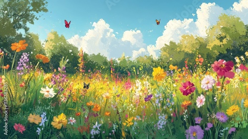 A sunny spring meadow with vibrant flowers, chirping birds, and fluttering butterflies. photo