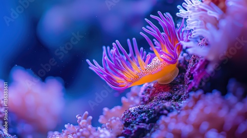 A vividly colored nudibranch crawling along coral in a stunning underwater macro shot photo