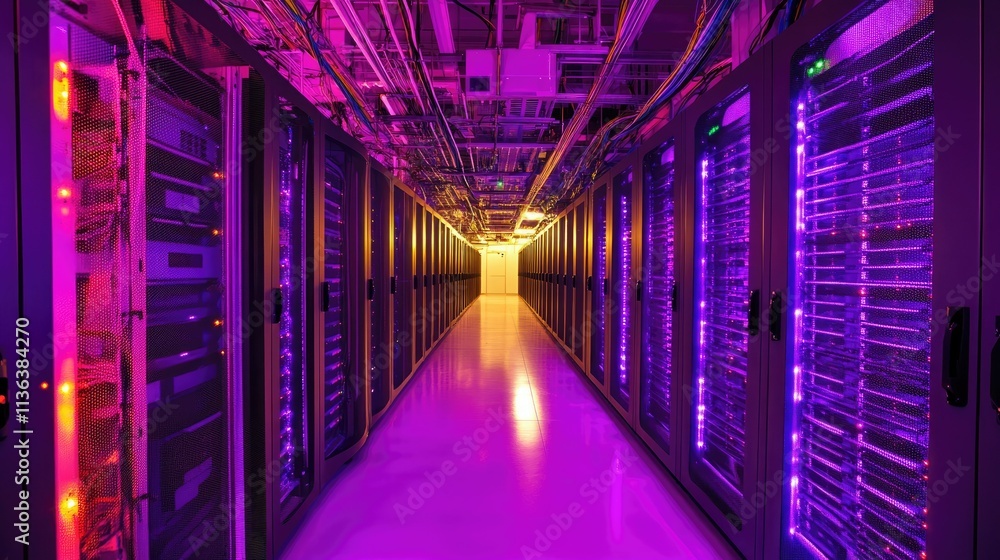 Fototapeta premium Glowing neon-lit aisles in a modern data center, with visible cables connecting massive server racks.