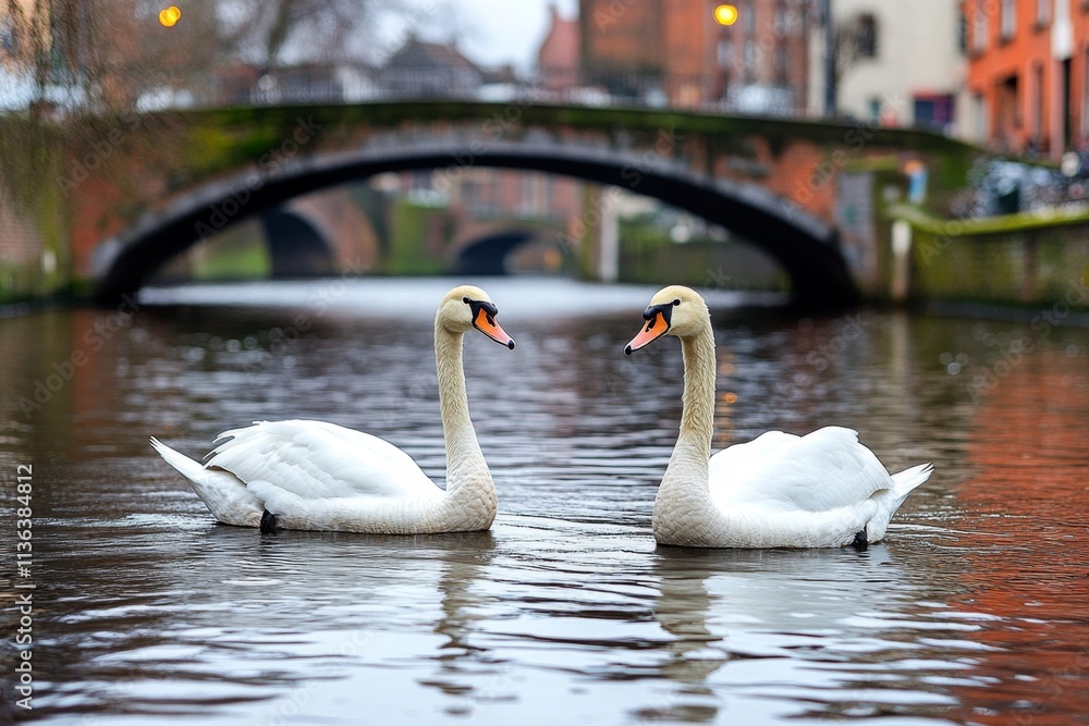 Fototapeta premium A serene canal in Bruges, Belgium, with stone bridges, charming medieval houses, and swans gliding on the water