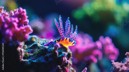 A vividly colored nudibranch crawling along coral in a stunning underwater macro shot photo