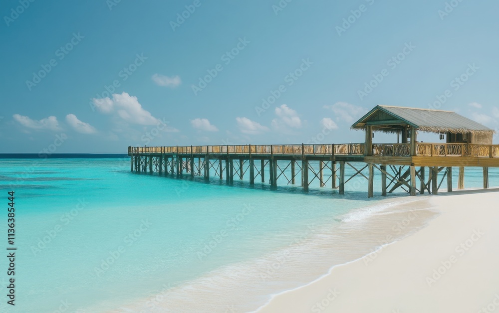A luxurious wooden pier leading into turquoise waters, set against a pristine white sand beach and a clear blue sky A luxurious wooden pier leading into turquoise waters, set against a pristine white sand beach and a clear blue sky