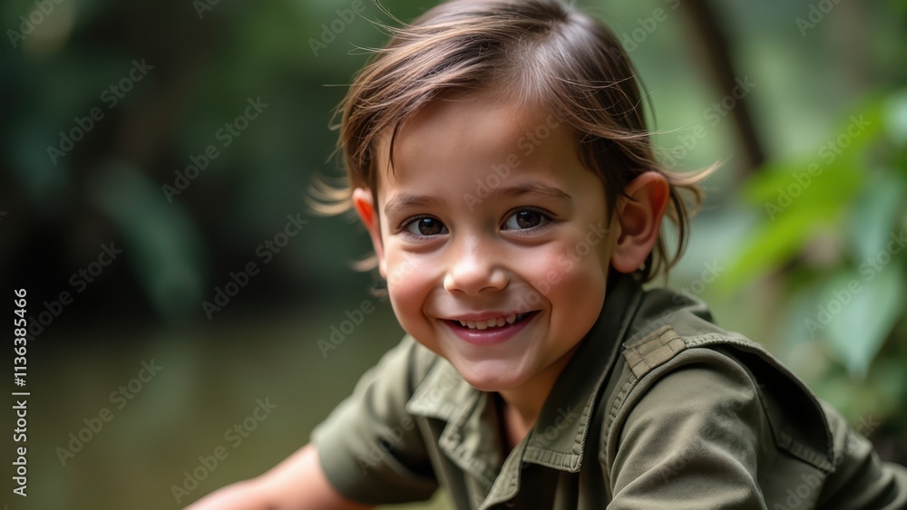Young Boy Smiling Joyfully by a Calm River With Lush Green Foliage Surrounding Him in a Serene Natural Setting Young Boy Smiling Joyfully by a Calm River With Lush Green Foliage Surrounding Him in a Serene Natural Setting