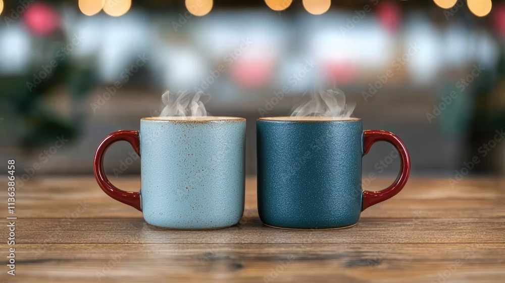 Two steaming mugs of coffee sit on a wooden table, creating a cozy atmosphere with a blurred, warm backdrop. Two steaming mugs of coffee sit on a wooden table, creating a cozy atmosphere with a blurred, warm backdrop.