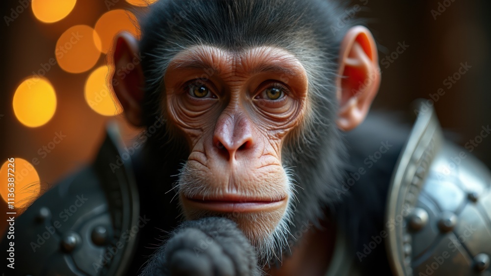 Thoughtful Primate in Detailed Armor With Golden Background Lights During a Tranquil Moment. Anthropomorphic ape Thoughtful Primate in Detailed Armor With Golden Background Lights During a Tranquil Moment. Anthropomorphic ape