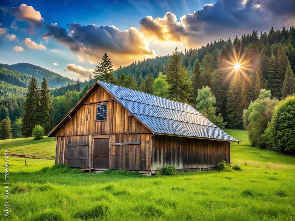Rustic Barn with Solar Panels in Grassy Field Surrounded by Forest – A Perfect Blend of Sustainability and Nature’s Beauty Rustic Barn with Solar Panels in Grassy Field Surrounded by Forest – A Perfect Blend of Sustainability and Nature’s Beauty
