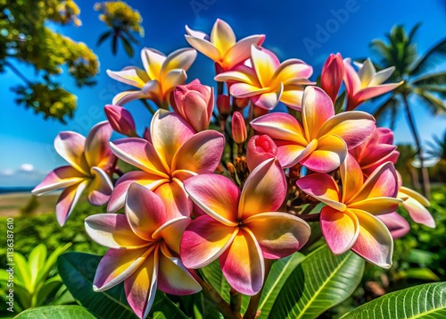 Serene Landscape Featuring Vibrant Plumeria Flowers Against a Tropical Backdrop of Lush Greenery and Clear Blue Skies for Nature and Floral Photography Enthusiasts