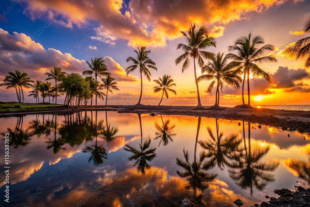 Serene Silhouettes at Kahaluu Beach Park: Capturing the Tranquil Beauty of Clear Waters and Palm Trees in Big Island Hawaii at Sunset Serene Silhouettes at Kahaluu Beach Park: Capturing the Tranquil Beauty of Clear Waters and Palm Trees in Big Island Hawaii at Sunset
