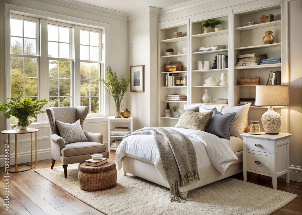 Fototapeta premium Serene White Master Bedroom Corner with Bookcase, Featuring Natural Light and Subtle Decor for a Cozy and Inviting Atmosphere Perfect for Relaxation and Reading
