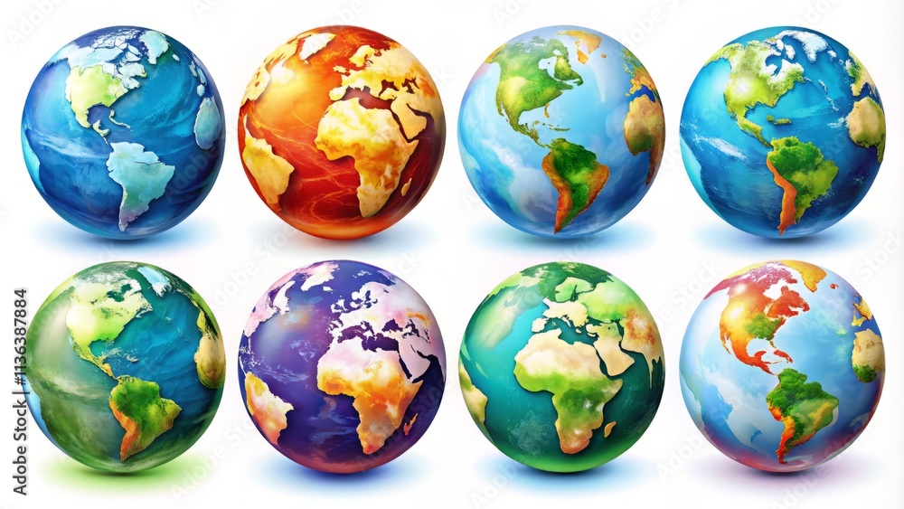 Set of Earth Planet Globe in a Vibrant Style, Perfect for Environmental Projects, Educational Materials, and Global Awareness Campaigns Set of Earth Planet Globe in a Vibrant Style, Perfect for Environmental Projects, Educational Materials, and Global Awareness Campaigns