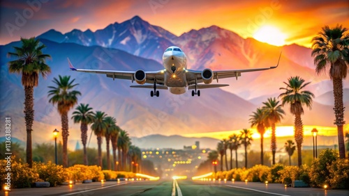 Stunning Airplane Landing at Palm Springs Airport with Bokeh Effect, Capturing the Vibrant Desert Landscape and Clear Skies of Southern California in a Dreamy Atmosphere