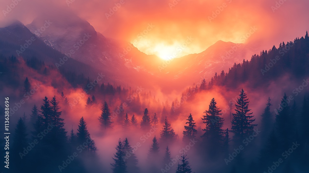 Majestic Sunset Over Foggy Mountain Forest Majestic Sunset Over Foggy Mountain Forest