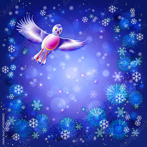 Abstract bird flies on a blue winter snowy background. Template for congratulations, cards, party invitations, Christmas, New Year. Illustration