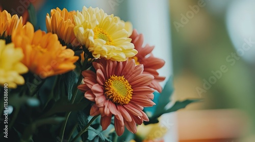 Colorful Floral Display of Yellow and Pink Chrysanthemums in Bloom
