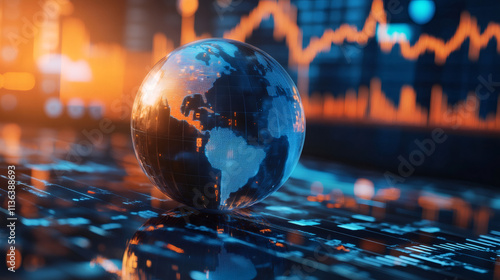 Rotating glass globe on a digital surface, displaying global market data and financial trends, emphasizing international trade connections