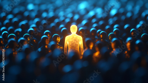 Glowing man is standing out from a dark crowd of people, representing individuality, leadership, and being unique