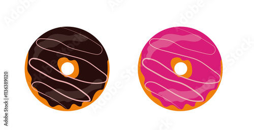 chocolate icing donut and strawberry donut top view, Top view of doughnuts.